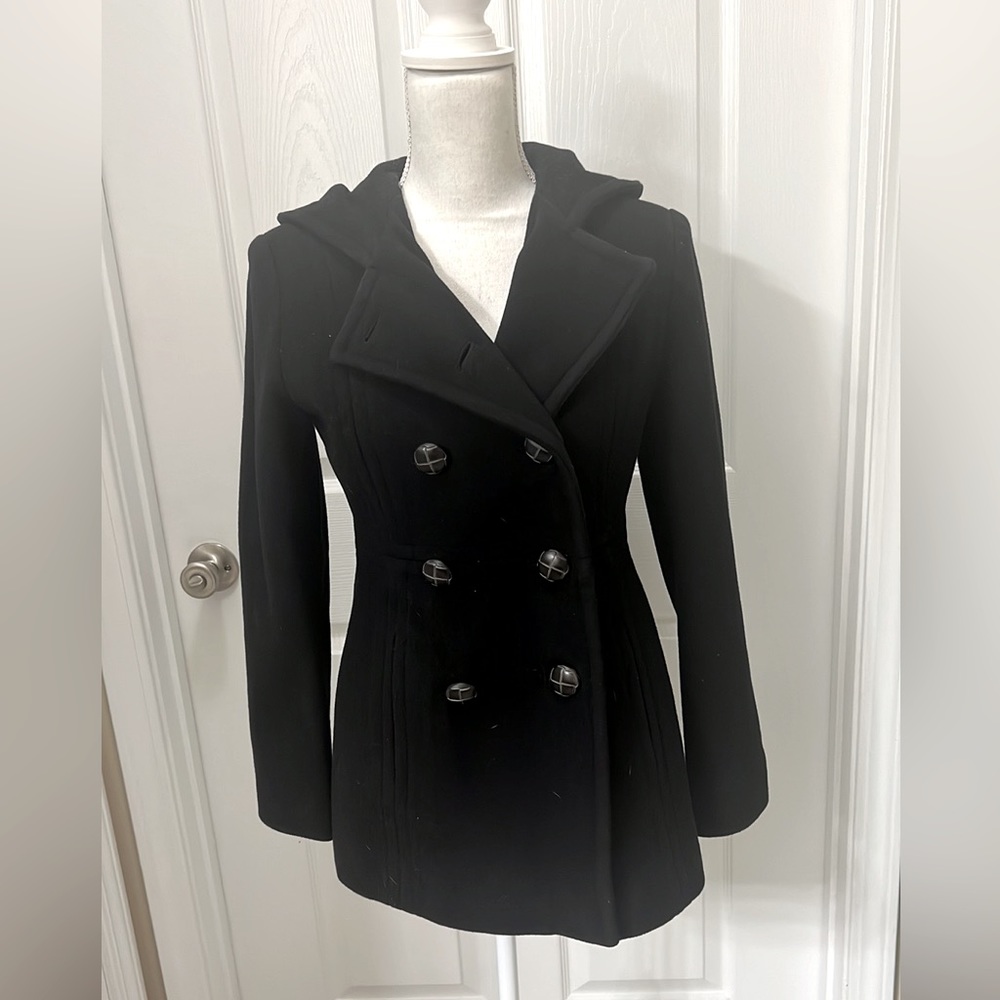 🖤BLACK PEACOAT WITH HOOD BY LONDON FOG, EUC!🖤